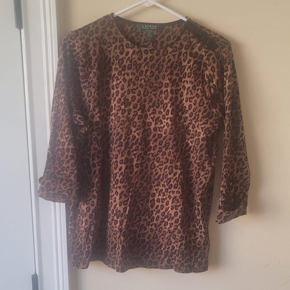 NWOT Lauren Ralph Lauren Brown Black Leopard Crew Neck Quarter Cuff Sleeve Top
